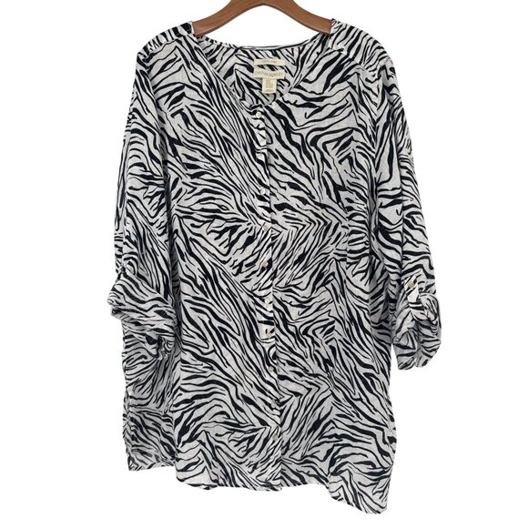 Cynthia Rowley Womens Zebra Print Button-Up Top tunic size 2X plus 100% Linen - Picture 1 of 4